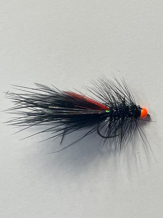 Wooly Bugger - Black and Red with Orange Bead - Size #8