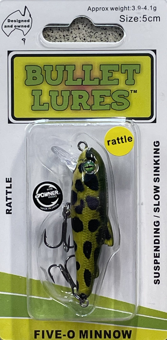 Bullet Lures Five-O Minnow Suspending + Rattling (Green Leopard Tree Frog)